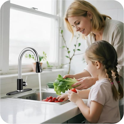 Kitchen Faucet with Pull Down Sprayer - Black & Chrome Single Handle Kitchen Faucets, High Arc Stainless Steel Pull Out Kitchen Sink Faucet with Deck for RV Laundry Farmhouse Bar