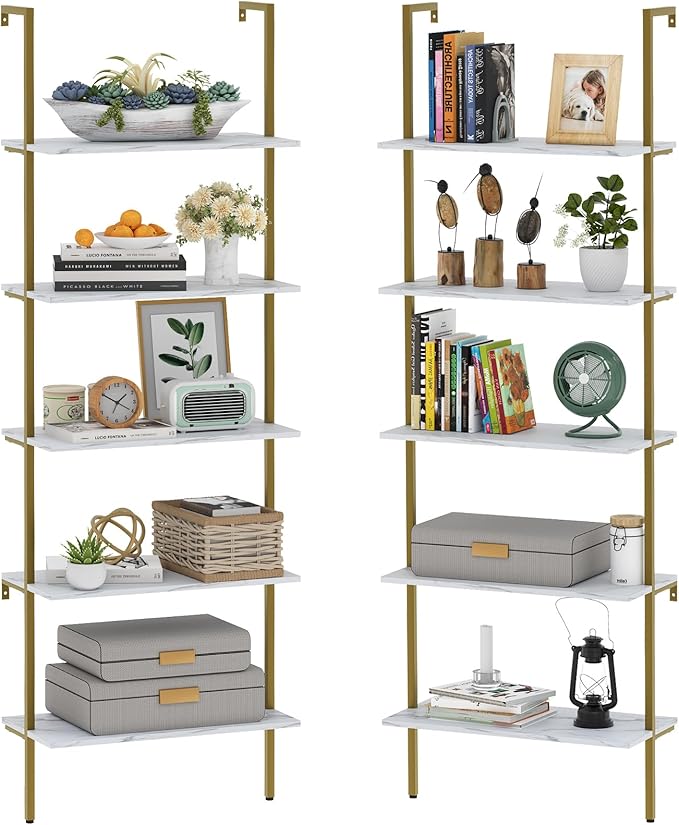 Wolawu Ladder Shelf 5 Tiers Wall Mounted Bookshelf 2-Piece White Marble Modern Bookshelf Open Tall Storage Bookcase Standing Leaning Wall Shelves Industrial Decorative for Home Office Living Room