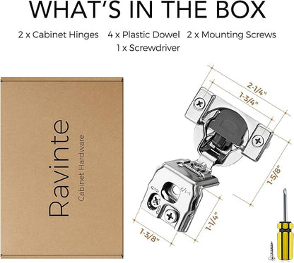Ravinte 2 Pack 1 Pair 1-1/2 inch Overlay Cabinet Hinges Kitchen Soft Close Hidden Door for Kitchen Cabinet Stainless Steel Adjustable Hinges Satin Nickel Hardware