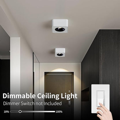 JAYMP Square Modern LED Ceiling Spotlight 3000K Dimmable White Surface Mount Focus Down Light for Living Room Hallway Laundry Room (White, Single Lamp)