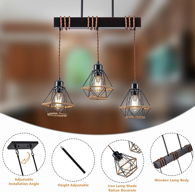 3 Light Kitchen Island Lighting, Farmhouse Chandeliers for Dining Room Light Fixtures Over Table, Modern Wood Pendant Lights Kitchen Island with Metal Lampshade