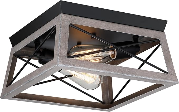 Pia Ricco Flush Mount Ceiling Light Fixture, Industrial Outdoor Ceiling Light for Front Porch, Rustic Farmhouse Style, Modern Square Light for Entry, Hallway, Kitchen, Grey