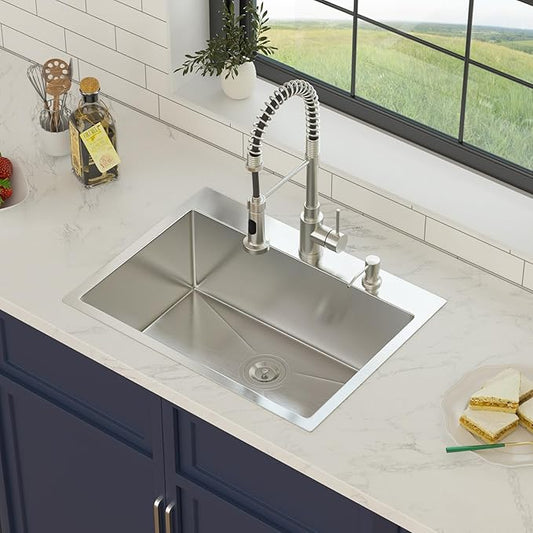 24 Inch Drop in Kitchen Sink 24x18 Drop in Kitchen Sink 16 Gague Topmount Stainless Steel Single Bowl Handmade Sinks Large Deep Basin 24"x18"x9"