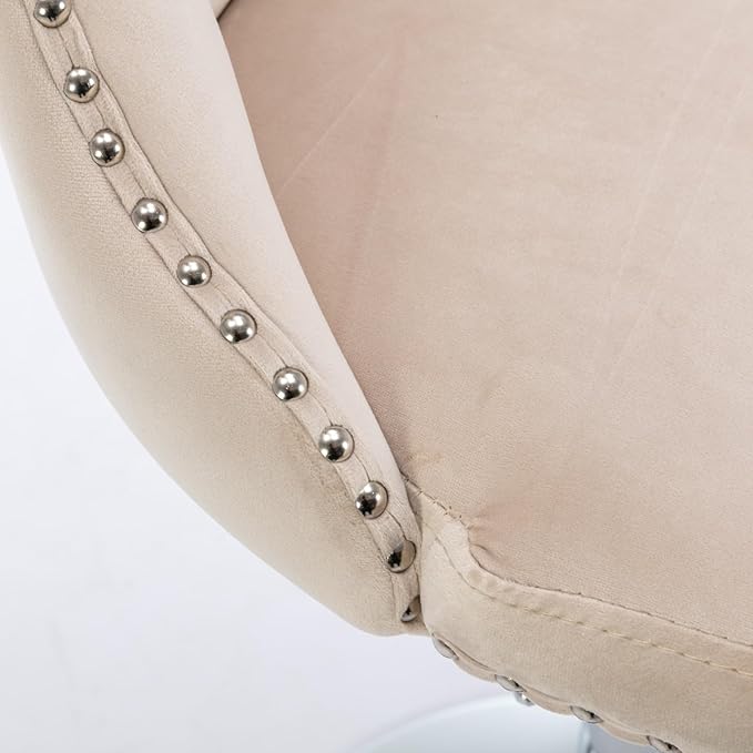Rhomtree Velvet Swivel Bar Stools Upholstered Bar Stool with Button Tufted Back and Pull Ring Height Adjustable Barstools 25-33 Inch for Home Pub and Kitchen Island (Beige with Silver Base, Set of 8)