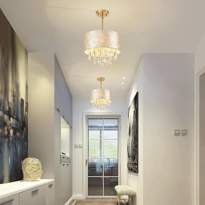 LumFurn D12 inch Capiz Shell Crystal Drum Chandeliers, 3-Light Coastal Style Pendant Light Fixture for Dining Room, Living Room, D12 x H19~49"(Adjustable Height), Shell Lampshade & Gold Finish