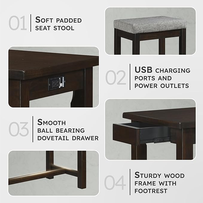 Lexicon Oreille Bar Table with Stools Set, Modern Console Table with Stools - 4-Piece Set with 2 USB Ports & A/C Power Outlets, Counter Height, Discrete Drawer, Perfect Dining Room & Kitchen Espresso