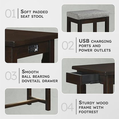 Lexicon Oreille Bar Table with Stools Set, Modern Console Table with Stools - 4-Piece Set with 2 USB Ports & A/C Power Outlets, Counter Height, Discrete Drawer, Perfect Dining Room & Kitchen Espresso