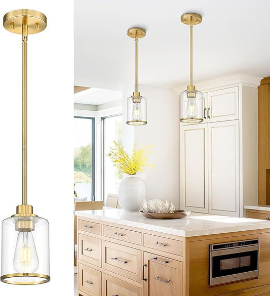 Beionxii Brushed Gold Pendant Lights Kitchen Island, Modern Kitchen Pendant Lighting Over Island, Hanging Lights with Clear Glass for Sink, Dining Room, Entryway, BX-PL02BG-CG (Only 1-Pack)