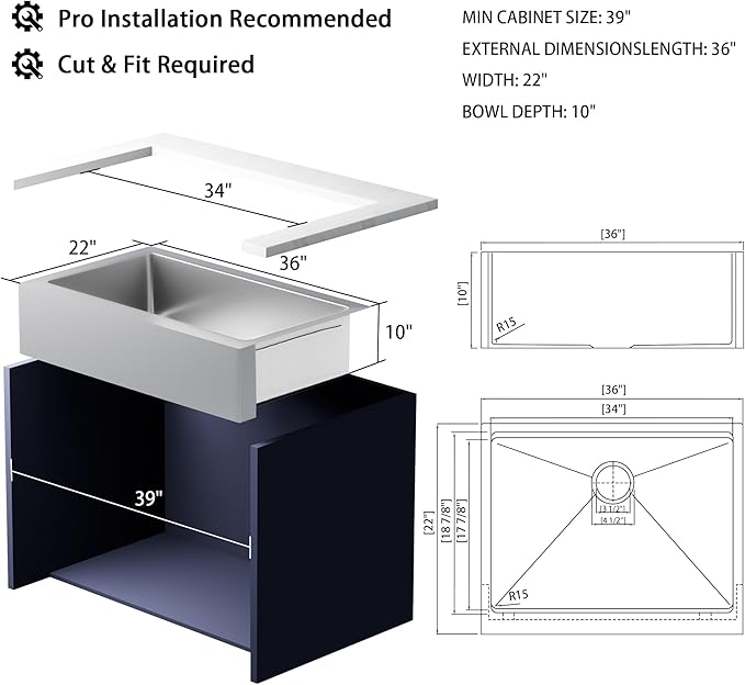 36-Inch Farmhouse Kitchen Sink, 16 Gauge Stainless Steel Farm Sink, Undermount Single Bowl, Brushed Finish, Deep Basin, Workstation Design with Accessories(Stainless Steel, 36" x 22" x 10")