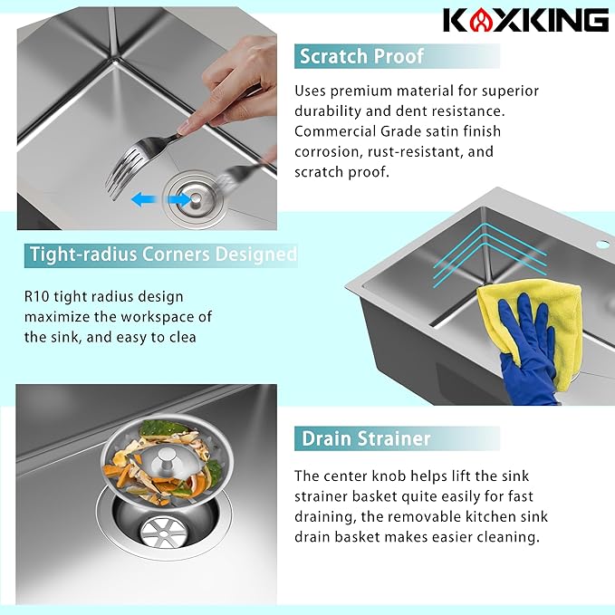 28x20 Drop In Kitchen Sink, 18 Gauge T304 Stainless Steel Top Mount Single Bowl, 9 Inch Deep, R10 Corners, Quiet & Anti-Condensation, with Bottom Grid & Basket Strainer