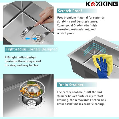 28x20 Drop In Kitchen Sink, 18 Gauge T304 Stainless Steel Top Mount Single Bowl, 9 Inch Deep, R10 Corners, Quiet & Anti-Condensation, with Bottom Grid & Basket Strainer