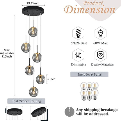 KoKo&Yukina Gold 6-Light Globe Chandelier Modern Globe Pendant Light Dining Light Fixtures Ceiling Hanging Stairwell Lighting Adjustable Staircase Lights Grey Glass Light Fixture for Kitchen