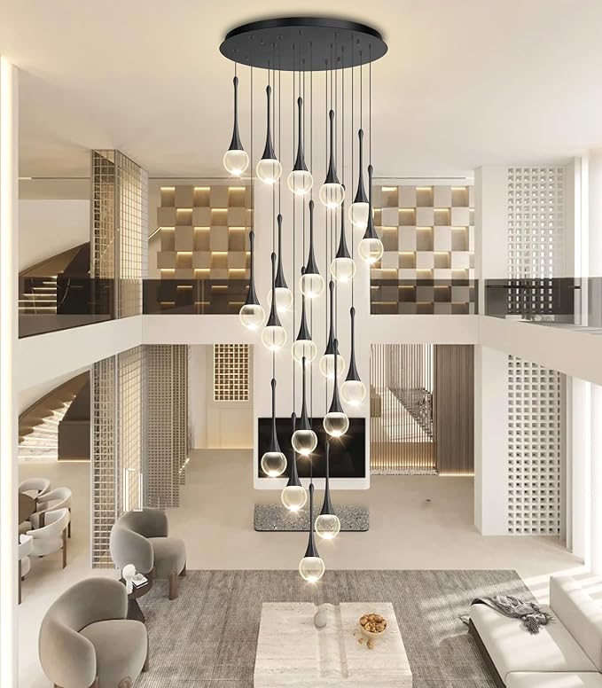 20 Light Crystal Chandelier for High Ceiling Dimmable LED Pendant Lights with Remote Adjustable Chandeliers for Staircase Foyer Living Room Black