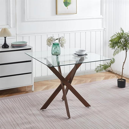 36'' Square Glass Dining Table for 2-4, X-Shape Walnut Metal Legs, Glass Tea Table Square Kitchen Table for Small Space