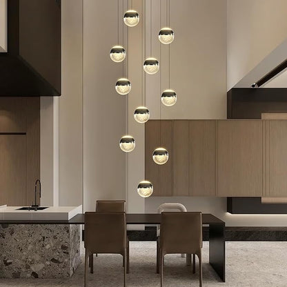 Staircase Chandelier Crystal Globe Pendant Light Black Large Chandeliers for High Ceiling,10-Lights Hanging Flush Mount Lighting Fixtures for Foyer,Entryway,Living Room
