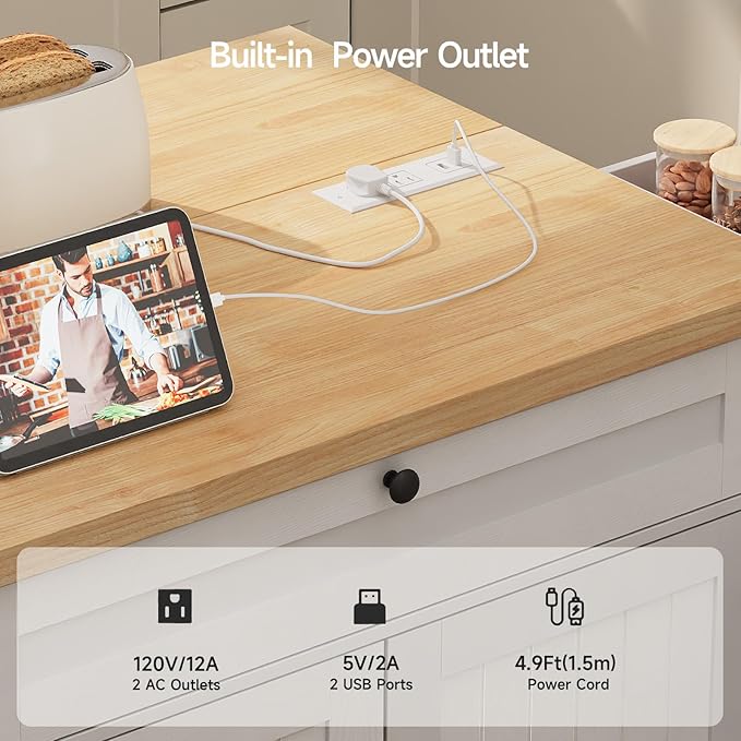 ComfyCorner 60" Rolling Large Kitchen Island on Wheels with Extendable Table, Drop Leaf & Power Outlet, Mobile Kitchen Cart with Storage Cabinet, 2 Drawers, Spice Rack, Towel & Knife Holder, White
