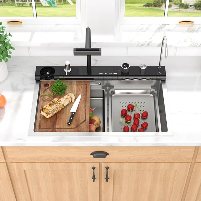 Smart Waterfall Kitchen Sink, 30" Drop-In Single Bowl 16 Gauge 304 Stainless Steel Workstation Sink with Mechanical Control Panel & Pull-Down Faucet for New house Decoration or Renovation