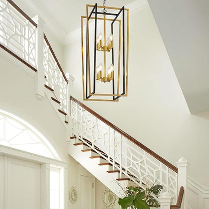 Black and Gold Chandelier, 8-Light Tiered Lantern Pendant Light Fixtures, Industrial Foyer Lighting Fixtures, Large Long Chandeliers for High Ceilings, Farmhouse Chandelier for Staircase, Entryway