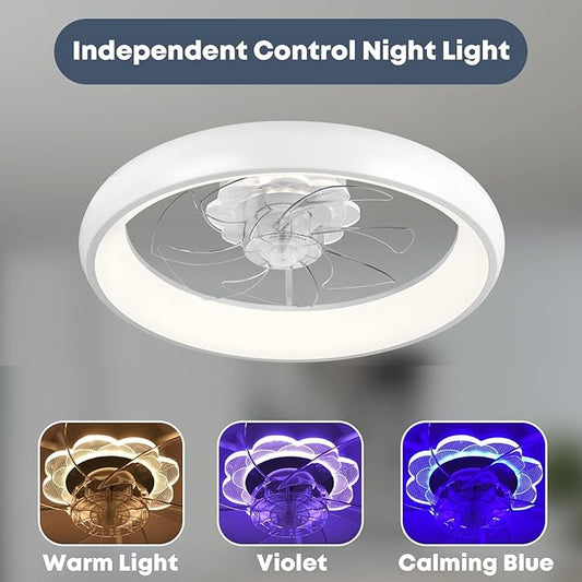 Fszdorj 20'' Ceiling Fan with Light, Upgraded Low Profile Fan, Flush Mount Ceiling Fan, 6 Speeds, Dimmable LED, App & Remote Control, Quiet DC Motor, for Bedroom, Living Room, F109 White