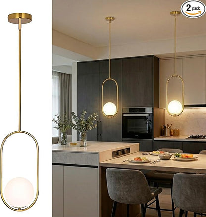 Modern Gold Oval Pendant Light with Opal Glass Globe, Single Hanging Light for Kitchen Island, Adjustable Height Gold Pendant Fixture for Dining Room, Bedroom, Entryway, Hardwired (2, Gold)