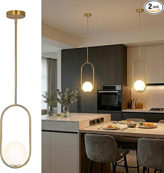 Modern Gold Oval Pendant Light with Opal Glass Globe, Single Hanging Light for Kitchen Island, Adjustable Height Gold Pendant Fixture for Dining Room, Bedroom, Entryway, Hardwired (2, Gold)