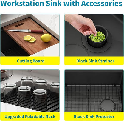 Black Undermount Kitchen Sink 23 inch,16 Gauge Stainless Steel Sinks,Single Bowl Workstation Sink,Modern Kitchen Sink Offset Drain (23" X 18")