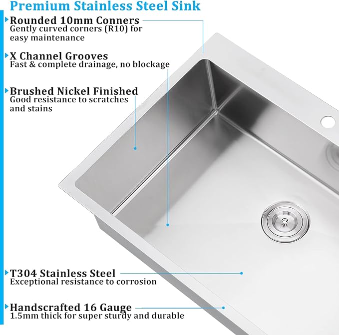 28 Inch Drop In Kitchen Sink Single Bowl, 28x22 Topmount 16 Gauge Stainless Steel Kitchen Sink Brushed Nickel Deep Basin 28x22x10