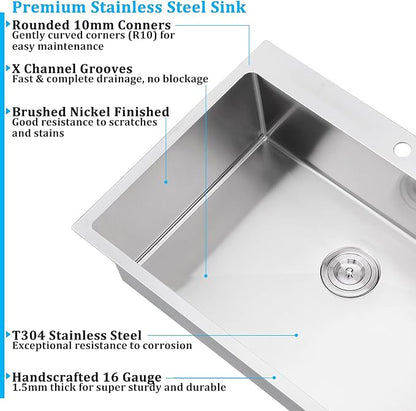 28 Inch Drop In Kitchen Sink Single Bowl, 28x22 Topmount 16 Gauge Stainless Steel Kitchen Sink Brushed Nickel Deep Basin 28x22x10
