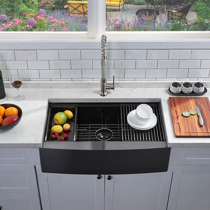 33 Inch Black Farmhouse Sink, Undermount Stainless Steel Apron Front Farm Kitchen Sink Single Bowl Workstation 16 Gauge 33x20x9 with Accessories