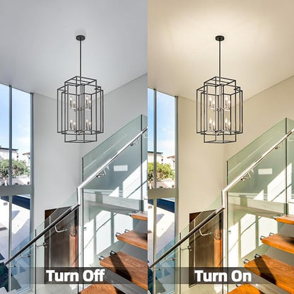 8-Light Farmhouse Chandelier, Modern Foyer Lighting Fixtures 31.5" Entryway Chandeliers for High Ceilings, Black & Silver Lantern Pendant Light, for Living Room,Staircase,Hallway