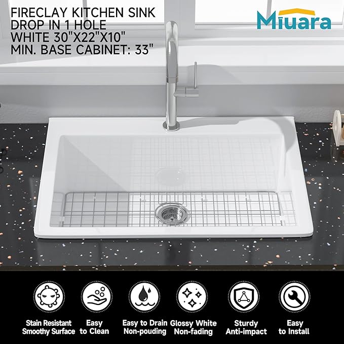 Miuara White Kitchen Sink Drop In 1 Hole 30"x22" - Small Topmount Fireclay Sink 30 Inch, Heavy Duay Deep Single Bowl, with 2 Custom Accessories, Glossy White, for Kitchen & Laundry