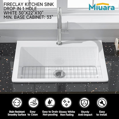 Miuara White Kitchen Sink Drop In 1 Hole 30"x22" - Small Topmount Fireclay Sink 30 Inch, Heavy Duay Deep Single Bowl, with 2 Custom Accessories, Glossy White, for Kitchen & Laundry
