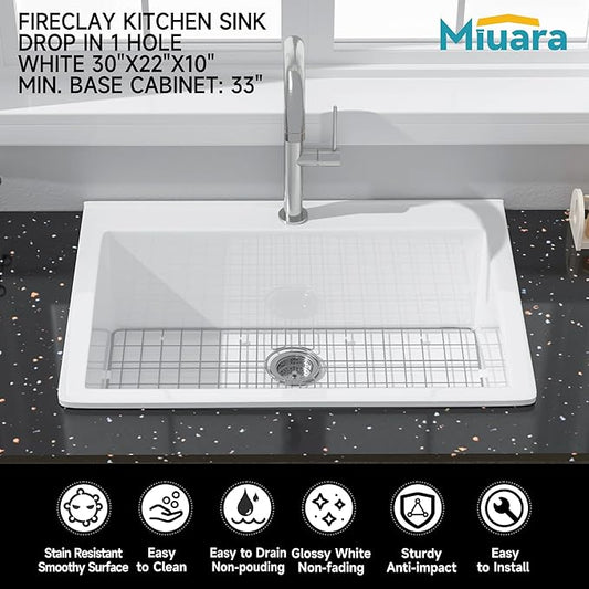 Miuara White Kitchen Sink Drop In 1 Hole 30"x22" - Small Topmount Fireclay Sink 30 Inch, Heavy Duay Deep Single Bowl, with 2 Custom Accessories, Glossy White, for Kitchen & Laundry