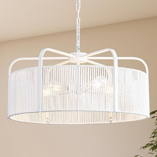 24” Rattan Chandelier, 5-Light Large Hand Woven Boho Chandelier with Fabric Shade, Farmhouse Light Fixtures for Dining Room & Kitchen Island (White, 24")