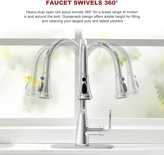 Kitchen Faucet with Pull Down Sprayer, 17 inch Polished Chrome Antique Single Handle Pull Out Kitchen Sink Faucet with Deck Plate for Classic Modern Ktichen
