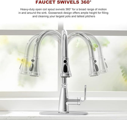 Kitchen Faucet with Pull Down Sprayer, 17 inch Polished Chrome Antique Single Handle Pull Out Kitchen Sink Faucet with Deck Plate for Classic Modern Ktichen
