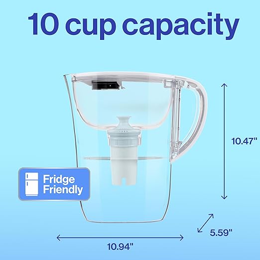 Brita Large 10-Cup Water Filter Pitcher with BritaPlus Filter, WQA NSF/ANSI Certified, Reduces 2X Contaminants vs. Standard, Removes Chlorine Taste & Odor, Reduces Zinc Copper Mercury, Stone Blue