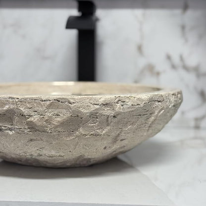 Shades of Nature Round Bowl Travertine Vessel Sink, Natural Stone Wash Basin, Hand-Carved Bathroom Sink, Chiseled Exterior, Polished Interior, Above Counter Vanity (Soap Tray Included)
