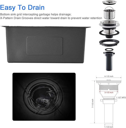MENATT Commercial 22 X 18 Inch Drop in Single Bowl Kitchen Sinks, 22 inch SUS304 Stainless Steel Handmade Topmount Kitchen Sink (Black)