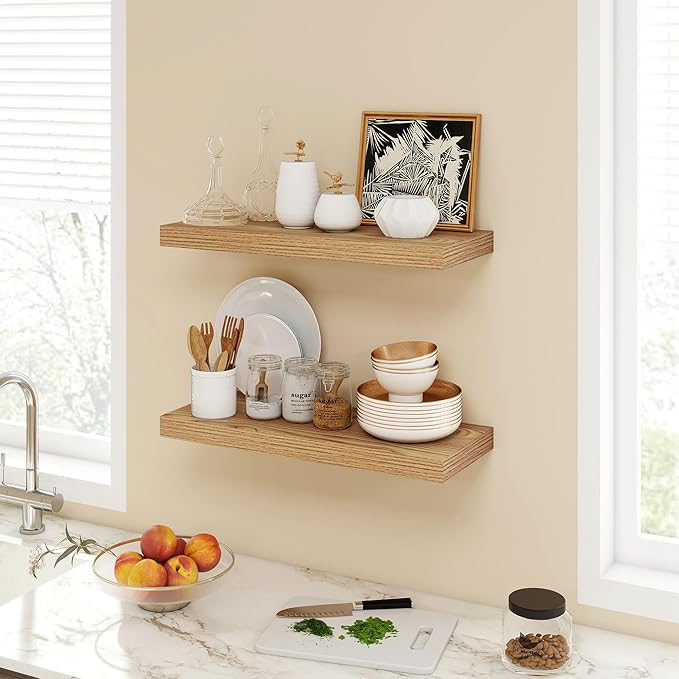 Acovy 24 Inch Floating Shelves, 9.3" Deep Floating Shelf Wall Mounted, 24" Wall Shelves, Rustic Deep Bookshelf, Large Display Shelves & Storage Shelves for Bedroom, Living Room, Light Brown, Set of 2