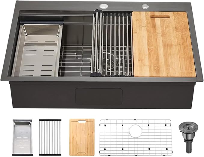 SHACO 33x22 Black Drop In Kitchen Sink, 33 Inch Topmount Gunmetal Black Stainless Steel Single Bowl Overmount Double Ledges Workstation Sink with Accessories
