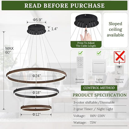 LED 3 Ring Chandelier Dining Room Modern Black Chandelier with Remote Control Dimmable High Ceiling Pendant Light for Entry Foyer Living Room Bedroom Kitchen Island, 75W