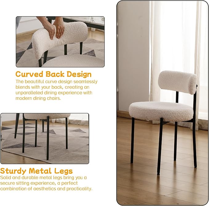 EDWELL White Dining Chairs Set of 6, Modern Dining Room Chairs with 3.94“ Cushions Mid-Century, Round Upholstered Boucle Chairs for Kitchen, Living Room, Kitchen Chairs with Black Metal Legs