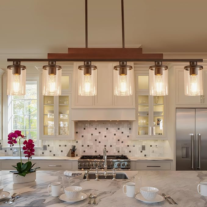 Kitchen Island Light Fixture/Chandelier Over Table,Farmhouse Black Rustic Wood Hanging Light Fixtures for Dining Room with 6 Glass Shade