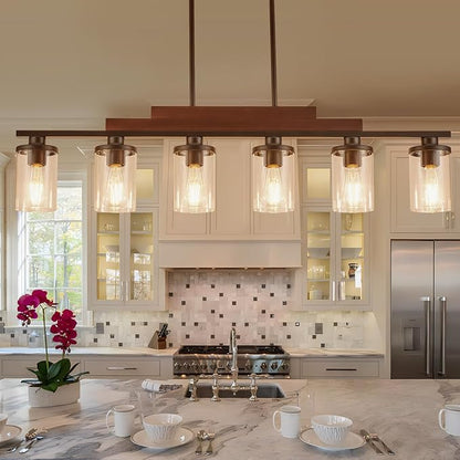 Kitchen Island Light Fixture/Chandelier Over Table,Farmhouse Black Rustic Wood Hanging Light Fixtures for Dining Room with 6 Glass Shade