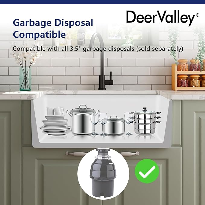DeerValley Farmhouse Kitchen Sink 30 Inch, Ceramic White Farm Apron Front Sink, Drop in Single Bowl Sinks with Bottom Grid and Strainer