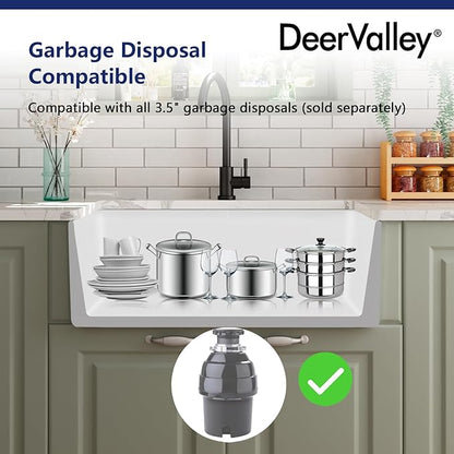 DeerValley Farmhouse Kitchen Sink 30 Inch, Ceramic White Farm Apron Front Sink, Drop in Single Bowl Sinks with Bottom Grid and Strainer