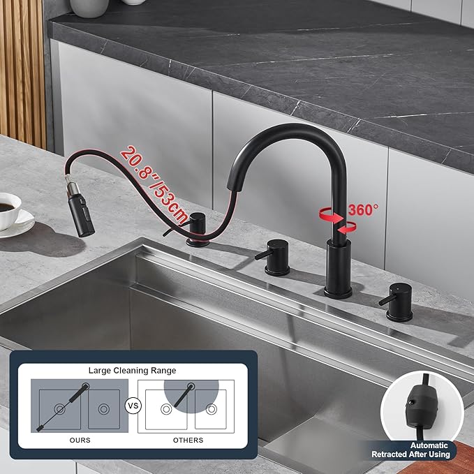 Tohlar 4 Hole Kitchen Faucet, Brushed Gold Kitchen Faucet with Soap Dispenser and Pull Down Sprayer 3 Modes Kitchen Sink Faucets, Stainless Steel High Arch Kitchen Sink Faucet with Separate Handle