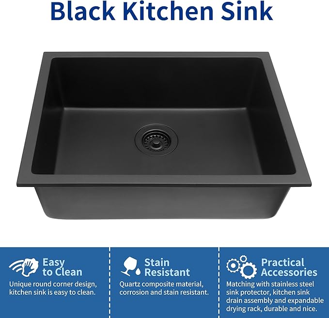 Black Kithcen Sink, 23 Inch Undermount Kitchens Sinks, 23"x 18"x 8" Small Matte Black Bar Sinks, 23 x18 Granite Composite Quartz stone Kitchen Sink With Accessories
