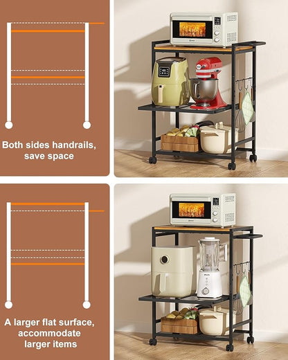 Feyejade Microwave Cart with Adjustable Shelves 3-Tier, Rolling Kitchen Cart with Push Handle, Microwave Stand with Storage, Small Utility Cart with Drawer Slider Shelf for Kitchen, Living Room